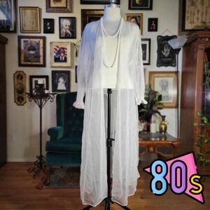 Vintage 80s Sheer White Robe Housecoat Lingerie Duster Open Front Romance Medium